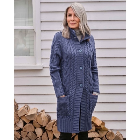 Long Aran cardigan — blue — size S - Picture 1 of 15